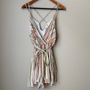 Altar'd State Women’s Dress Romper   V-Neck Multicolor Striped pink yellow